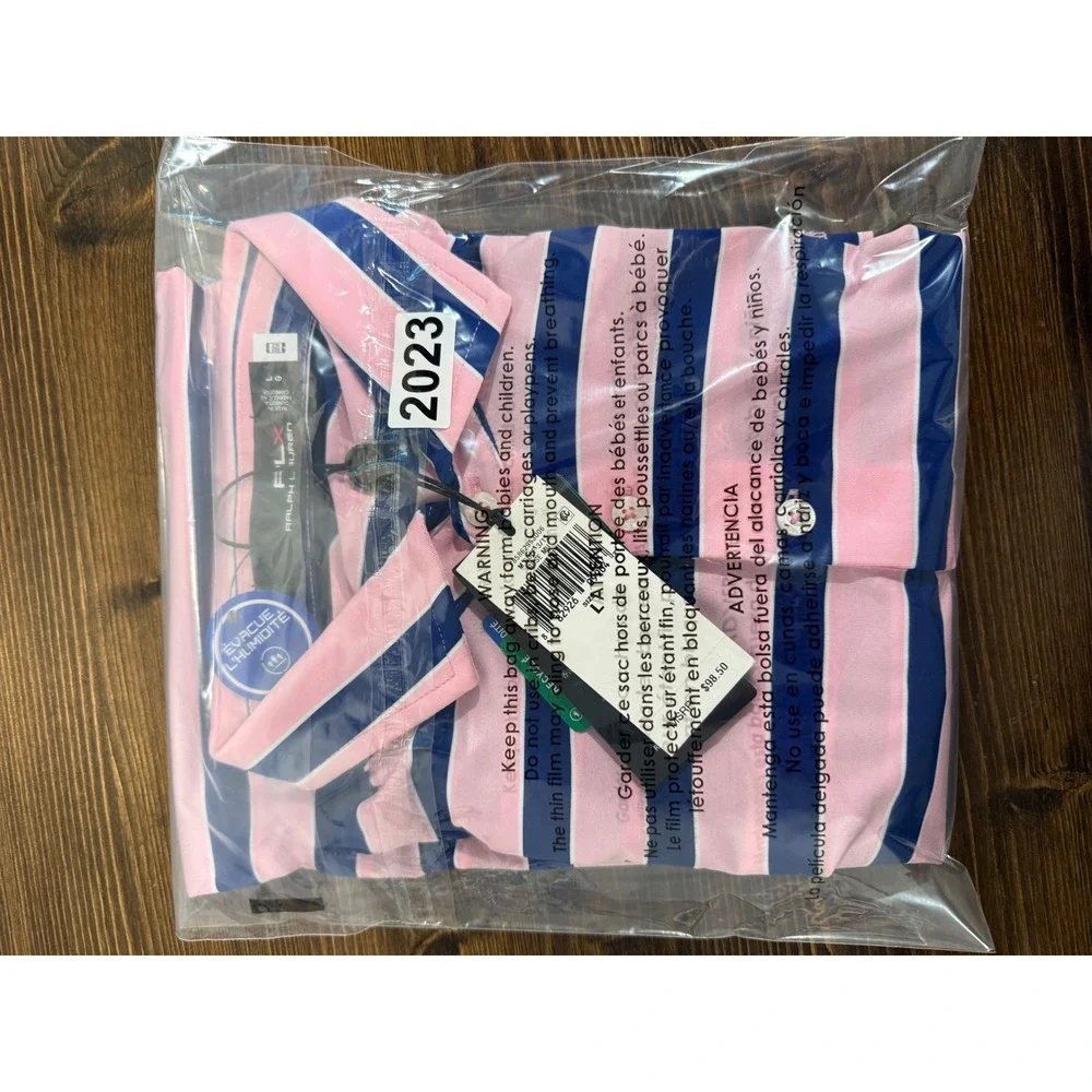 RLX Ralph Lauren Mens Pink Navy Striped Golf Polo Shirt L 785862953006‎ NEW